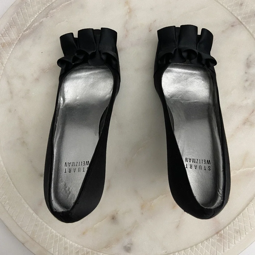 Stuart Weitzman Heels Open Toe Black Sandals Satin Ruffle Women's Size 6